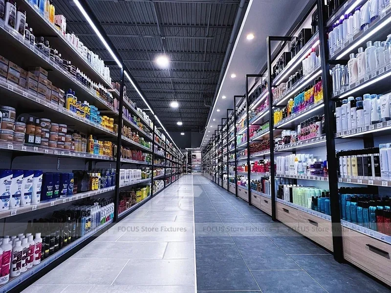 Long Dark Beauty Supply Wall Shelving Aisle for Wig Shop