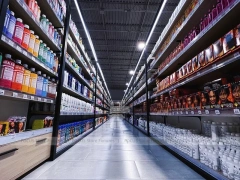 Long Dark Beauty Supply Wall Shelving Aisle for Wig Shop