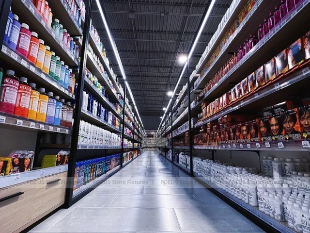 Long Dark Beauty Supply Wall Shelving Aisle for Wig Shop