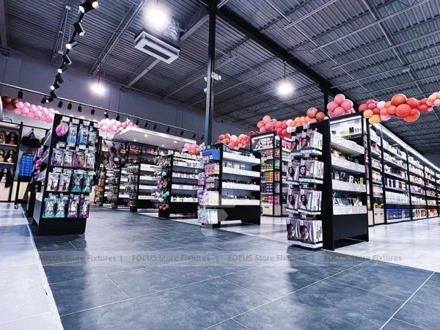 Long Dark Beauty Supply Wall Shelving Aisle for Wig Shop