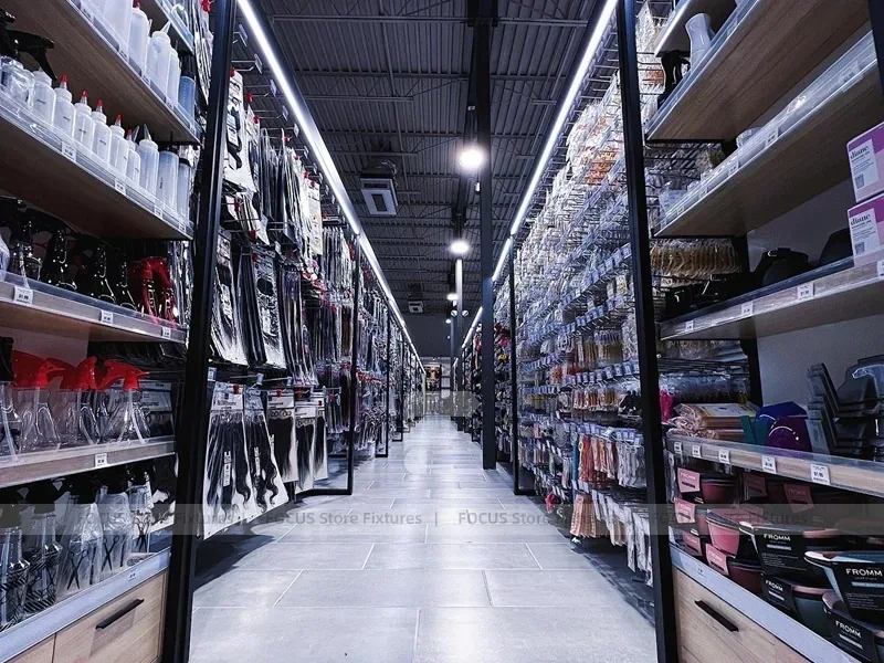 Long Dark Beauty Supply Wall Shelving Aisle for Wig Shop