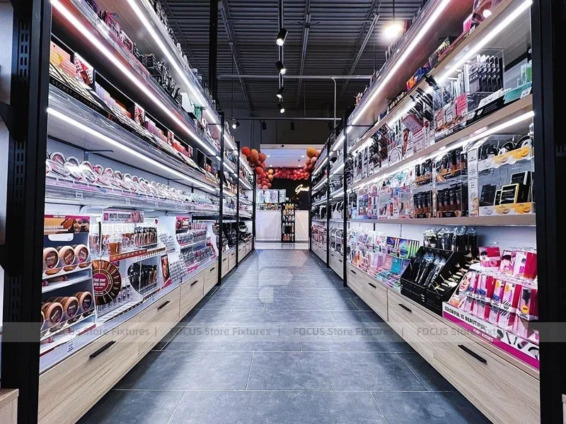 Long Dark Beauty Supply Wall Shelving Aisle for Wig Shop