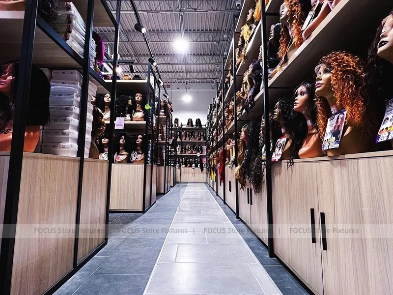 Long Dark Beauty Supply Wall Shelving Aisle for Wig Shop