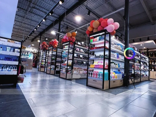Long Dark Beauty Supply Wall Shelving Aisle for Wig Shop