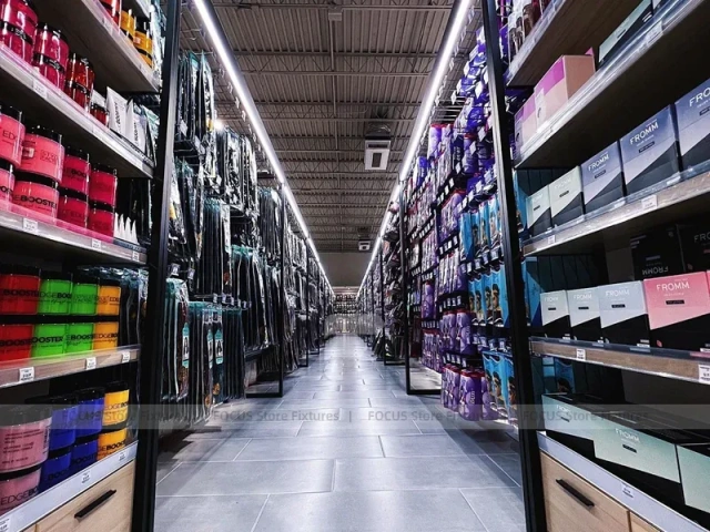 Long Dark Beauty Supply Wall Shelving Aisle for Wig Shop