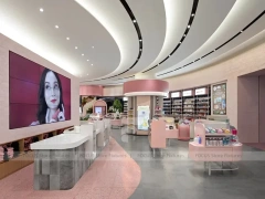 Luxury Pink Cosmetics Store with Ribbon Ceiling and Media Screen for Wig Shop