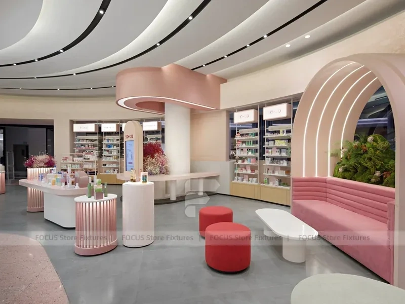 Luxury Pink Cosmetics Store with Ribbon Ceiling and Media Screen for Wig Shop