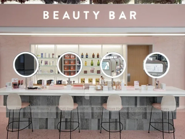 Luxury Pink Cosmetics Store with Ribbon Ceiling and Media Screen for Wig Shop