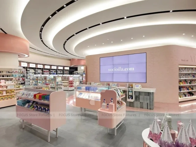 Luxury Pink Cosmetics Store with Ribbon Ceiling and Media Screen for Wig Shop