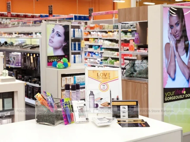 Open Beauty Supply Floor with White Shelving and Pink Sign for Wig Shop