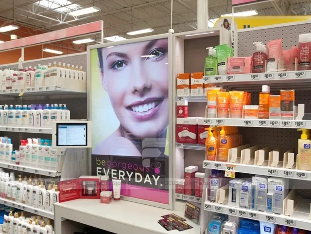 Open Beauty Supply Floor with White Shelving and Pink Sign for Wig Shop