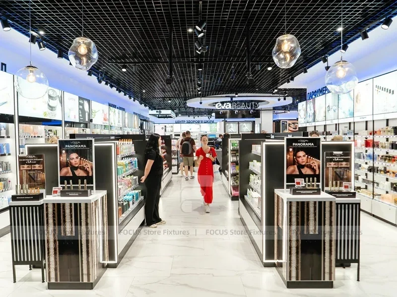 Oval Ceiling Beauty Retail Checkout Island with Surrounding Aisles for Wig Shop
