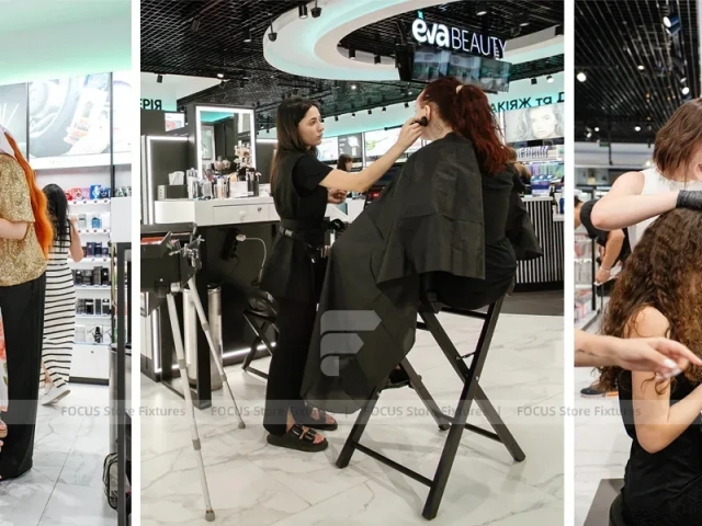 Oval Ceiling Beauty Retail Checkout Island with Surrounding Aisles for Wig Shop