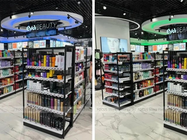 Oval Ceiling Beauty Retail Checkout Island with Surrounding Aisles for Wig Shop