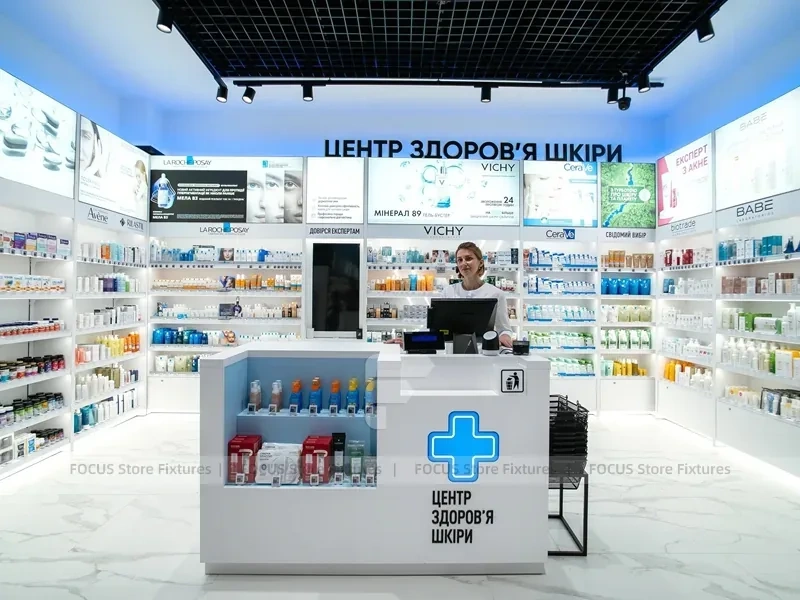 Oval Ceiling Beauty Retail Checkout Island with Surrounding Aisles for Wig Shop