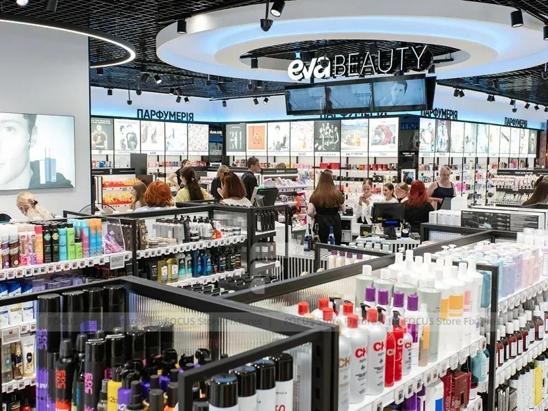 Oval Ceiling Beauty Retail Checkout Island with Surrounding Aisles for Wig Shop