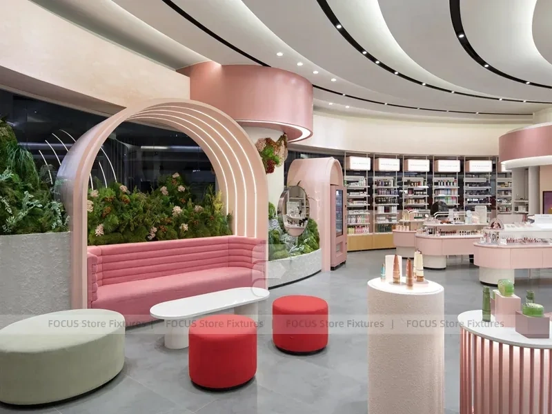 Pink Arch Beauty Lounge with Integrated Planter Seating for Wig Shop