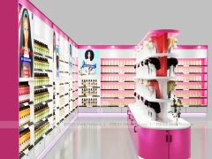 Pink Beauty Boutique Perimeter Wall with Curved Center Gondola for Wig Shop