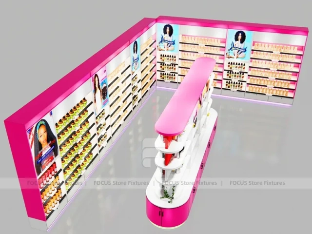Pink Beauty Boutique Perimeter Wall with Curved Center Gondola for Wig Shop