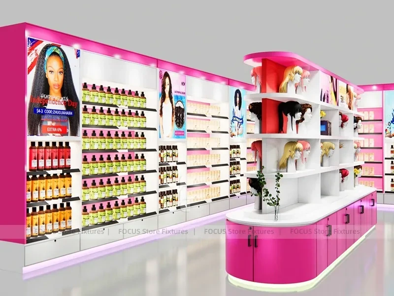 Pink Beauty Boutique Perimeter Wall with Curved Center Gondola for Wig Shop