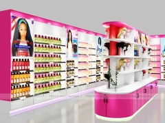 Pink Beauty Boutique Perimeter Wall with Curved Center Gondola for Wig Shop