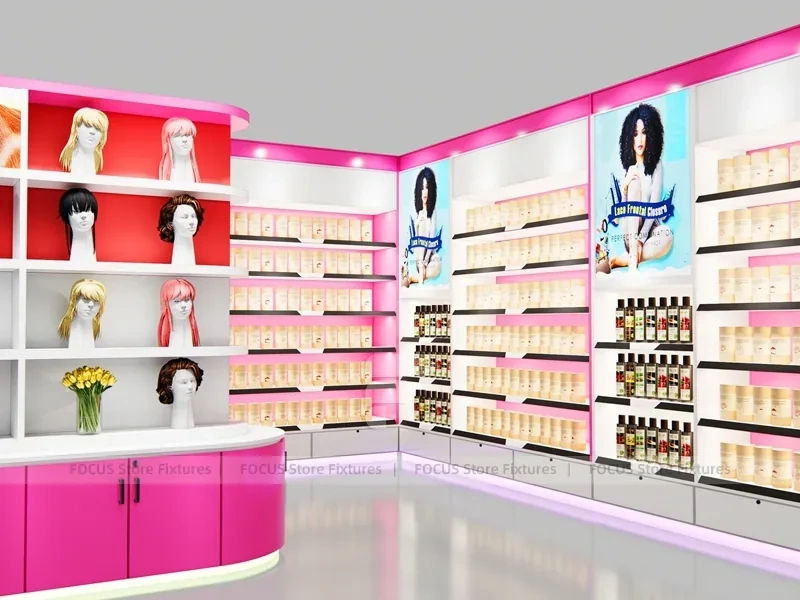 Pink Beauty Boutique Perimeter Wall with Curved Center Gondola for Wig Shop