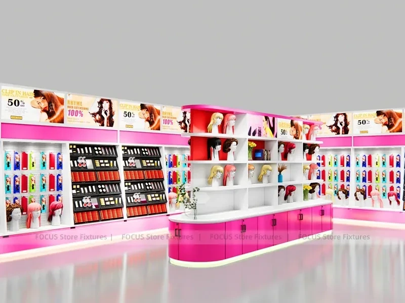 Pink Beauty Boutique Perimeter Wall with Curved Center Gondola for Wig Shop