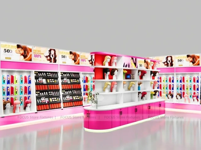 Pink Beauty Boutique Perimeter Wall with Curved Center Gondola for Wig Shop