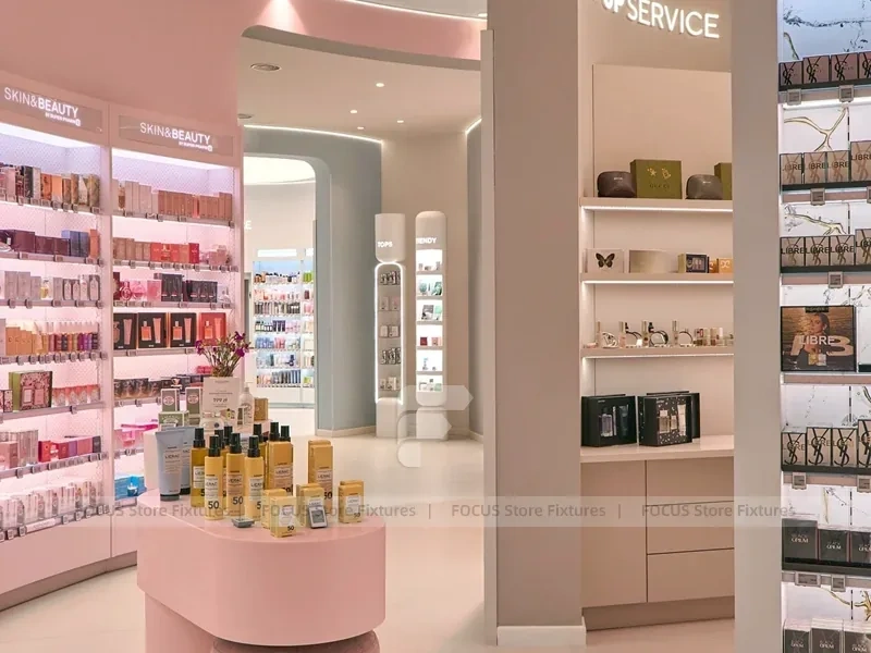 Pink Beauty Service Tower with Product Shelves and Tester Bays for Wig Shop