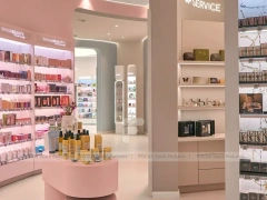 Pink Beauty Service Tower with Product Shelves and Tester Bays for Wig Shop