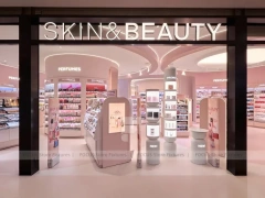 Pink Beauty Service Tower with Product Shelves and Tester Bays for Wig Shop