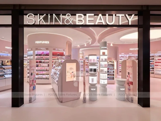 Pink Beauty Service Tower with Product Shelves and Tester Bays for Wig Shop