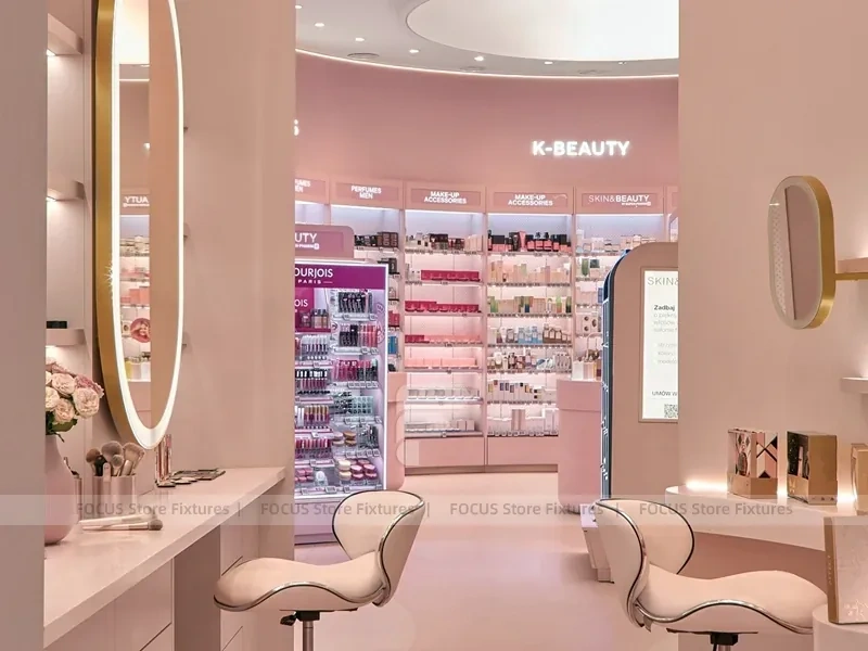 Pink Beauty Service Tower with Product Shelves and Tester Bays for Wig Shop