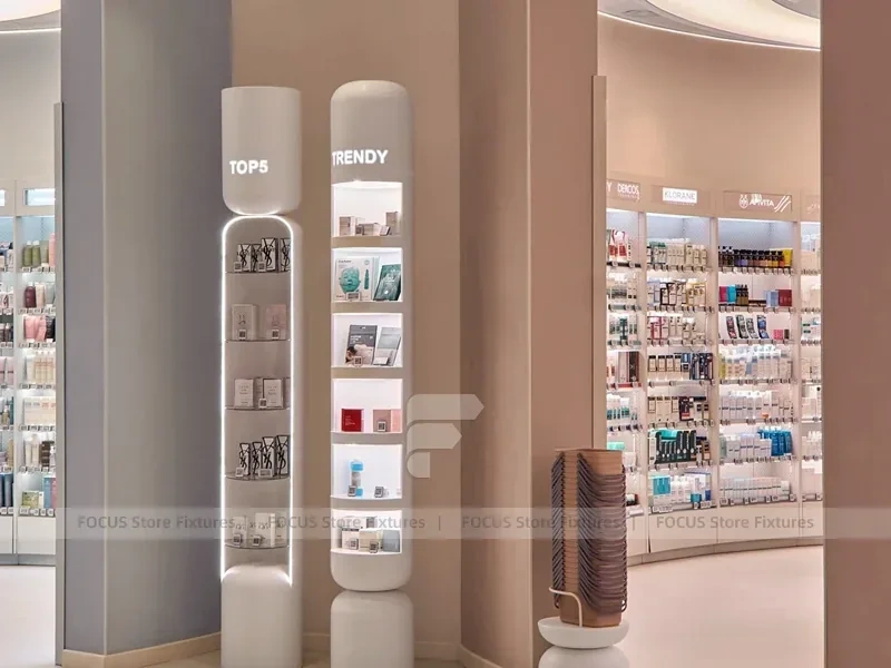 Pink Beauty Service Tower with Product Shelves and Tester Bays for Wig Shop