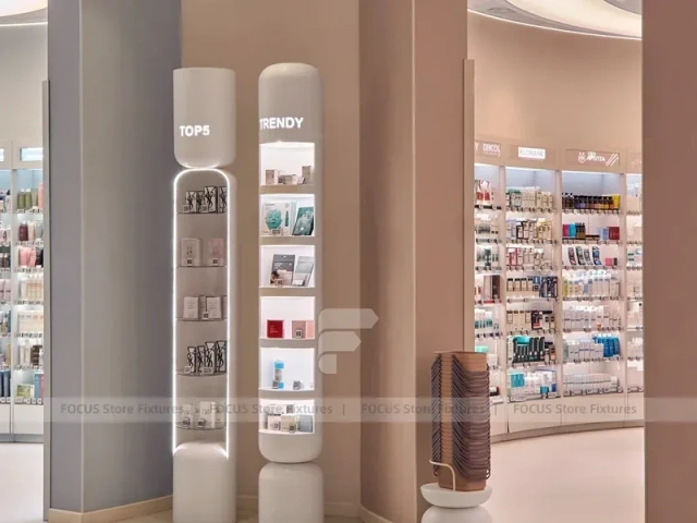 Pink Beauty Service Tower with Product Shelves and Tester Bays for Wig Shop