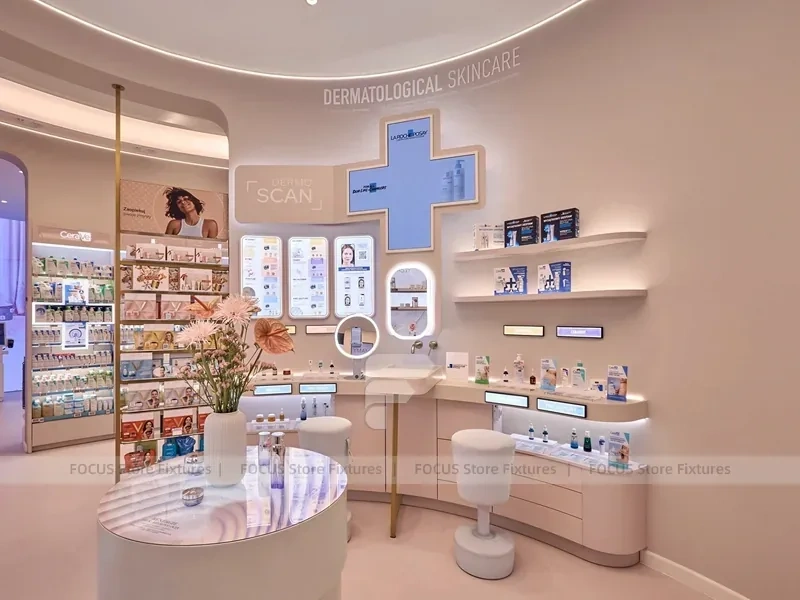 Pink Beauty Service Tower with Product Shelves and Tester Bays for Wig Shop