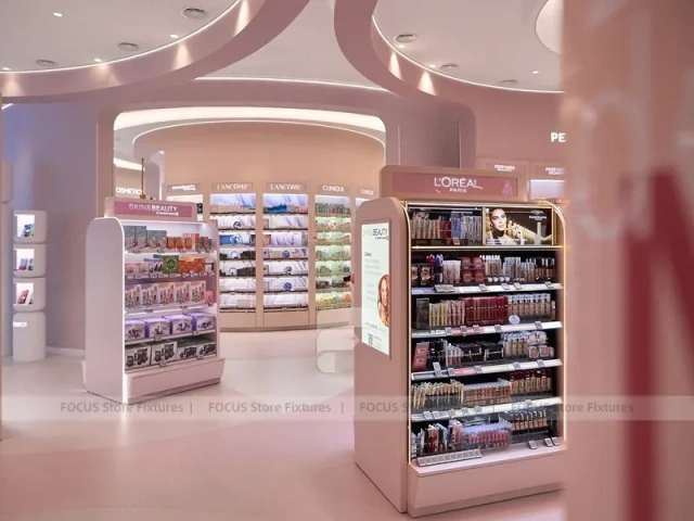 Pink Beauty Service Tower with Product Shelves and Tester Bays for Wig Shop