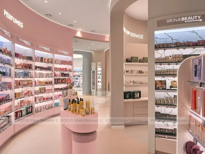 Pink Beauty Service Tower with Product Shelves and Tester Bays for Wig Shop