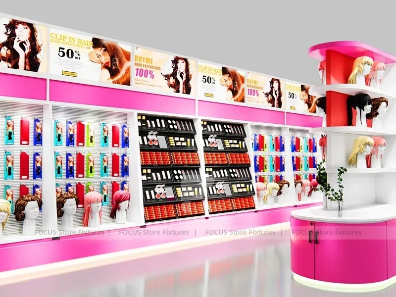 Pink Beauty Supply Backwall with Hair Extension Center Panels for Beauty Store