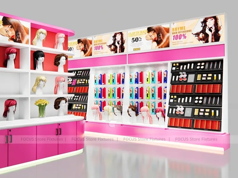 Pink Beauty Supply Backwall with Hair Extension Center Panels for Beauty Store