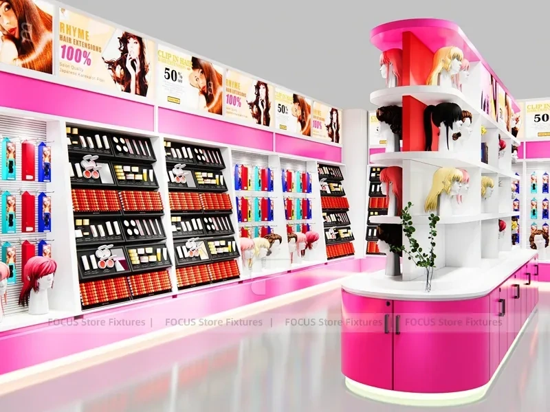 Pink Beauty Supply Backwall with Hair Extension Center Panels for Beauty Store
