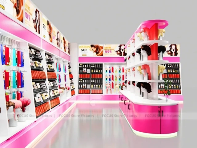 Pink Beauty Supply Backwall with Hair Extension Center Panels for Beauty Store