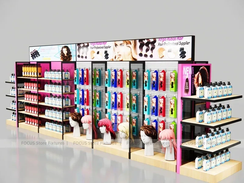 Pink Beauty Supply Endcap Gondola with Black Wall Run for Wig Shop