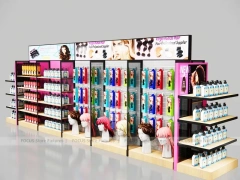 Pink Beauty Supply Endcap Gondola with Black Wall Run for Wig Shop