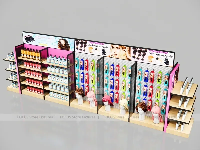 Pink Beauty Supply Endcap Gondola with Black Wall Run for Wig Shop