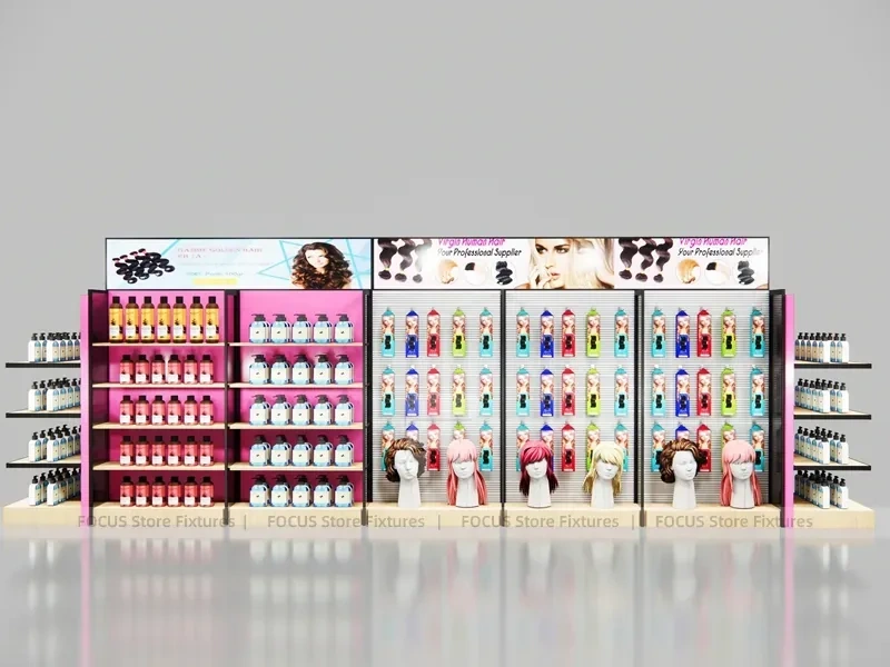 Pink Beauty Supply Endcap Gondola with Black Wall Run for Wig Shop