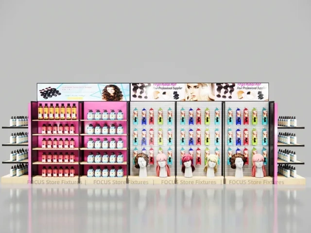 Pink Beauty Supply Endcap Gondola with Black Wall Run for Wig Shop