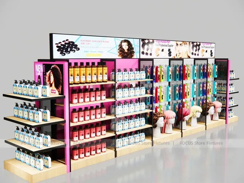 Pink Beauty Supply Endcap Gondola with Black Wall Run for Wig Shop
