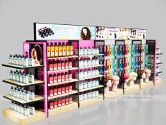 Pink Beauty Supply Endcap Gondola with Black Wall Run for Wig Shop
