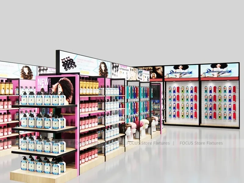 Pink Beauty Supply Shop Layout with Center Aisle and Perimeter Walls for Wig Shop